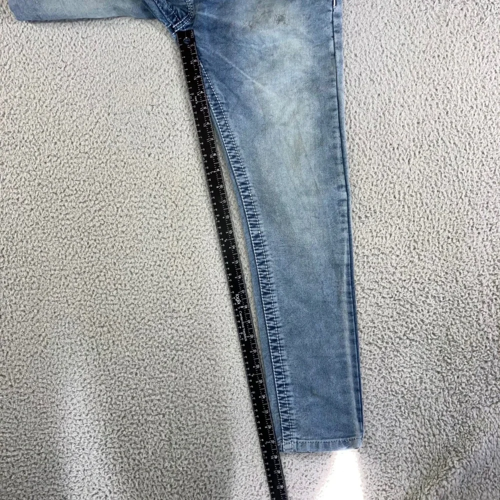 True Religion Jeans Men 32X28 Low Rise Skinny‎ Blue Thick Stitch Logo Distressed